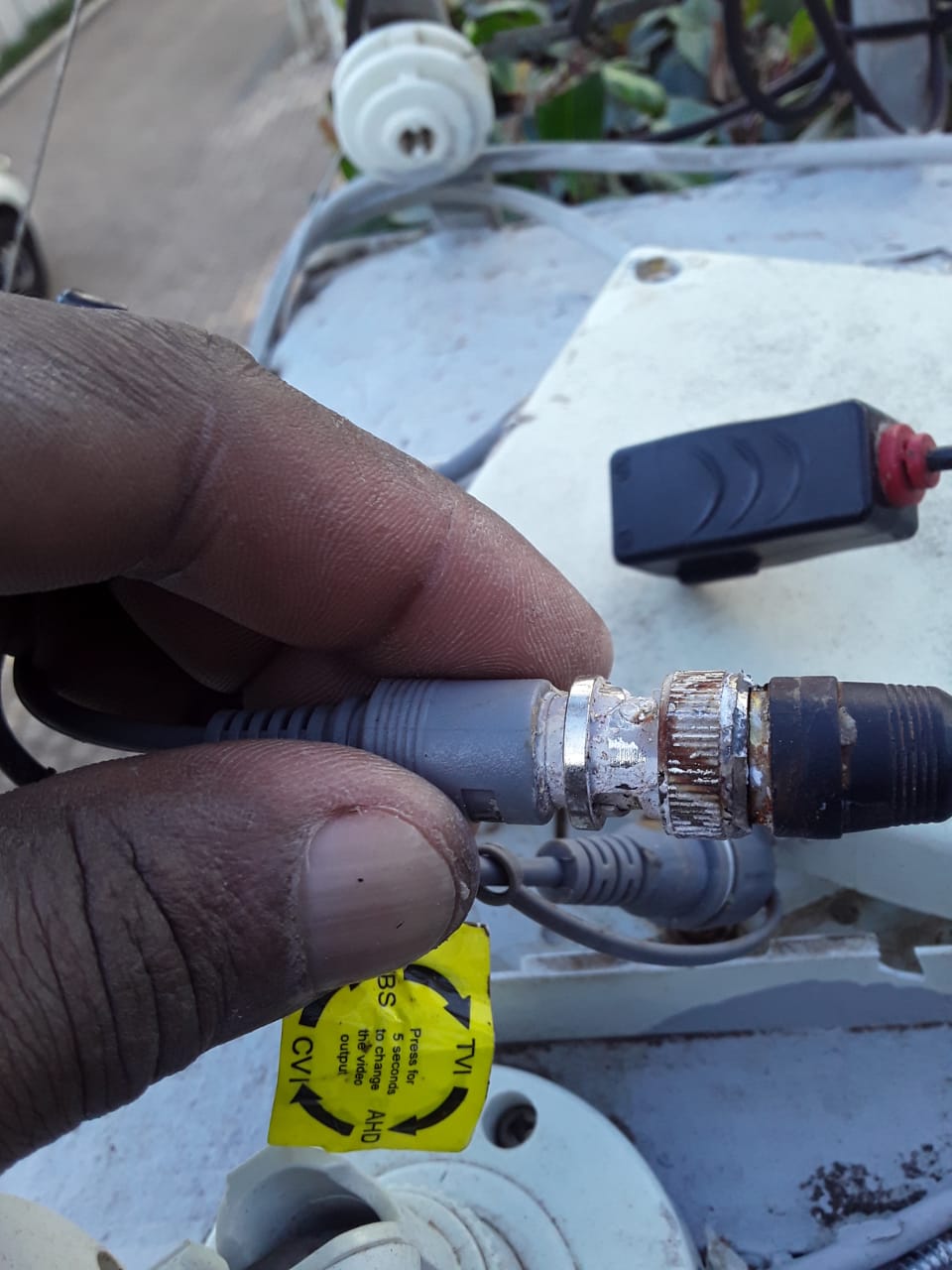Corroded outdoor CCTV connector caused by poor sealing and exposure