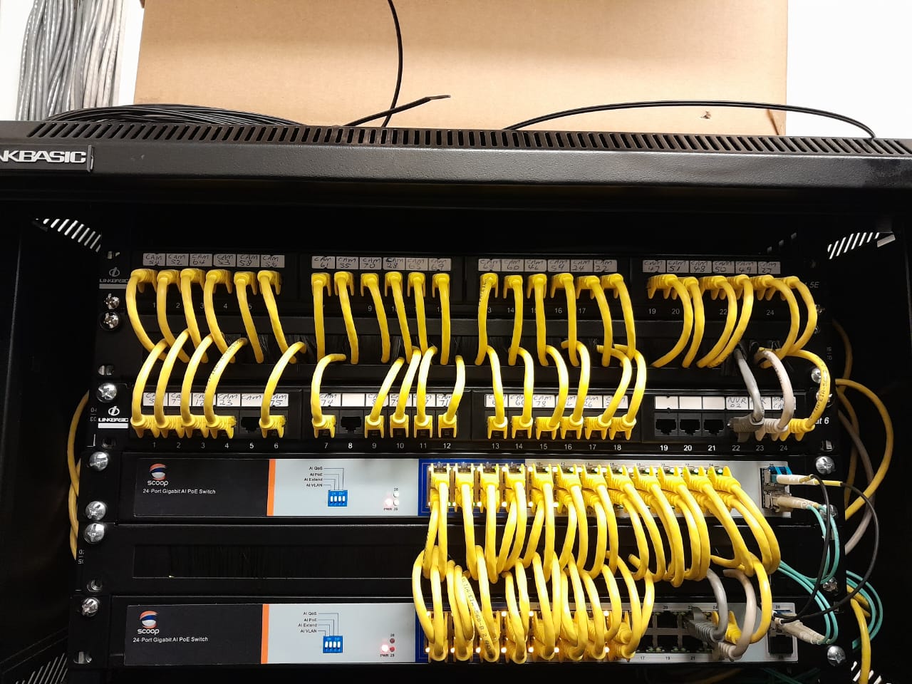 Commercial CCTV first-fix cabinet work with labelled network patching
